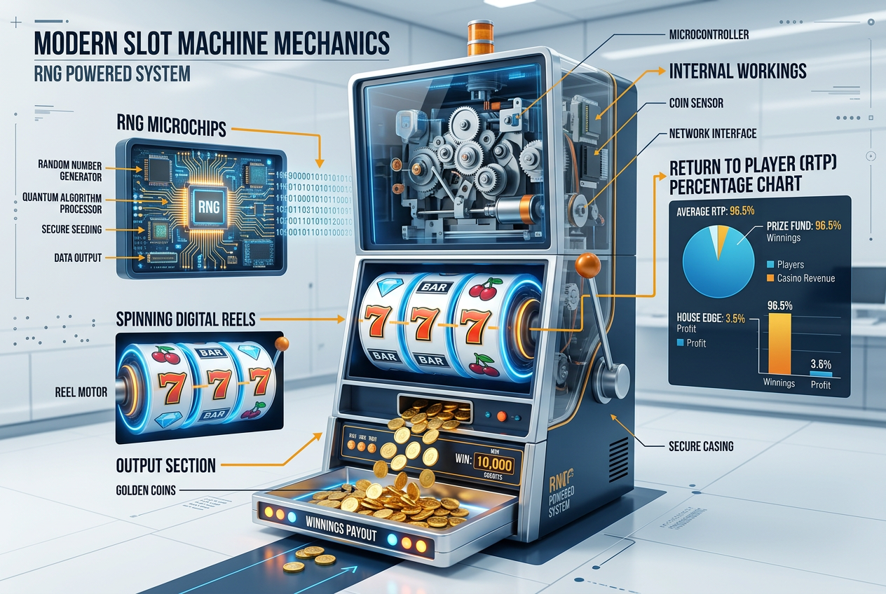 Schemat techniczny działania generatora liczb losowych i RTP w automatach do gier